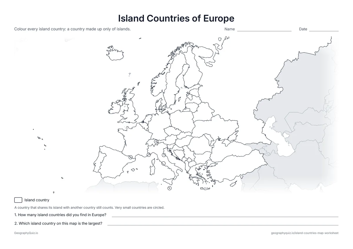 Preview of the printable island countries of europe worksheet