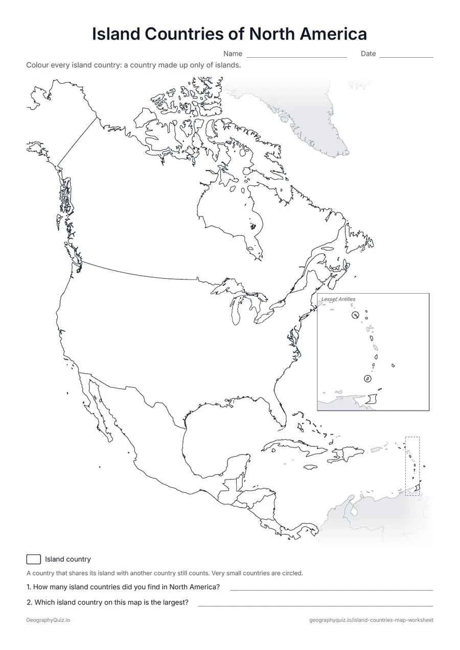 Preview of the printable island countries of north america worksheet