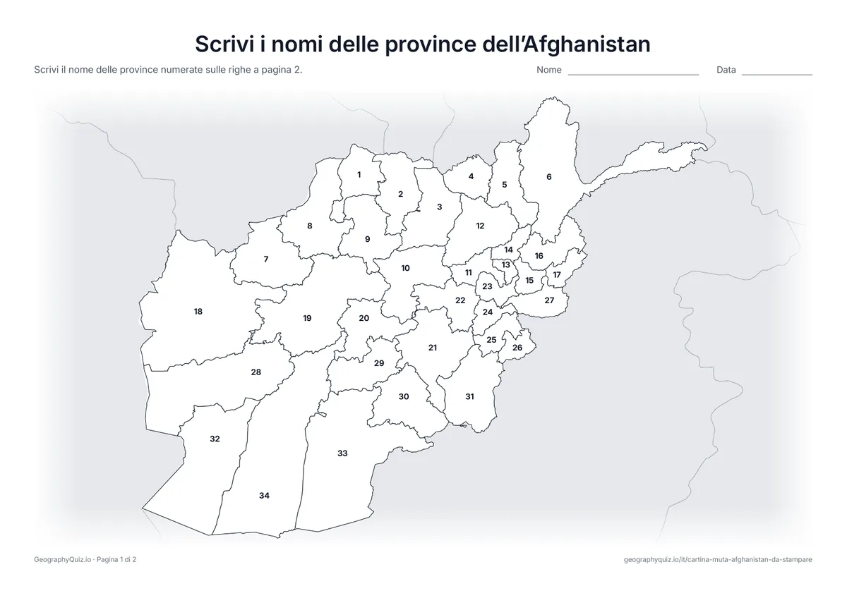Anteprima della scheda da stampare “Scrivi i nomi delle province dell’Afghanistan”: Cartina con i numeri di tutte le 34 province