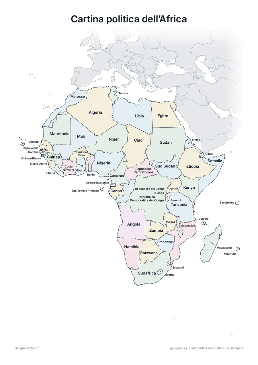 Anteprima della scheda da stampare “Cartina politica dell’Africa”: La stessa cartina con i nomi di tutti i 54 paesi: per spiegare, ripassare o correggere le schede degli alunni