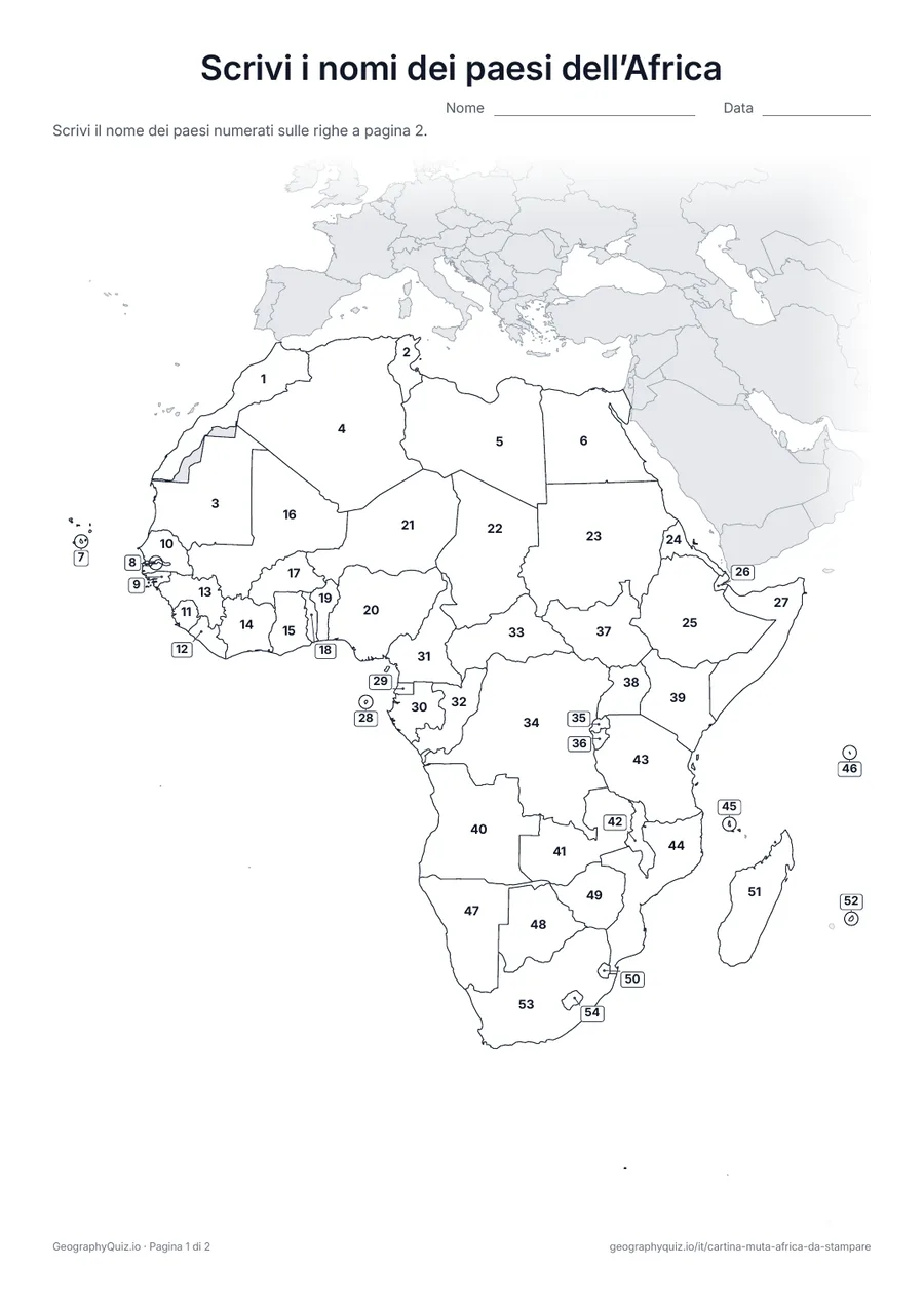 Anteprima della scheda da stampare “Scrivi i nomi dei paesi dell’Africa”: Ogni paese ha un numero