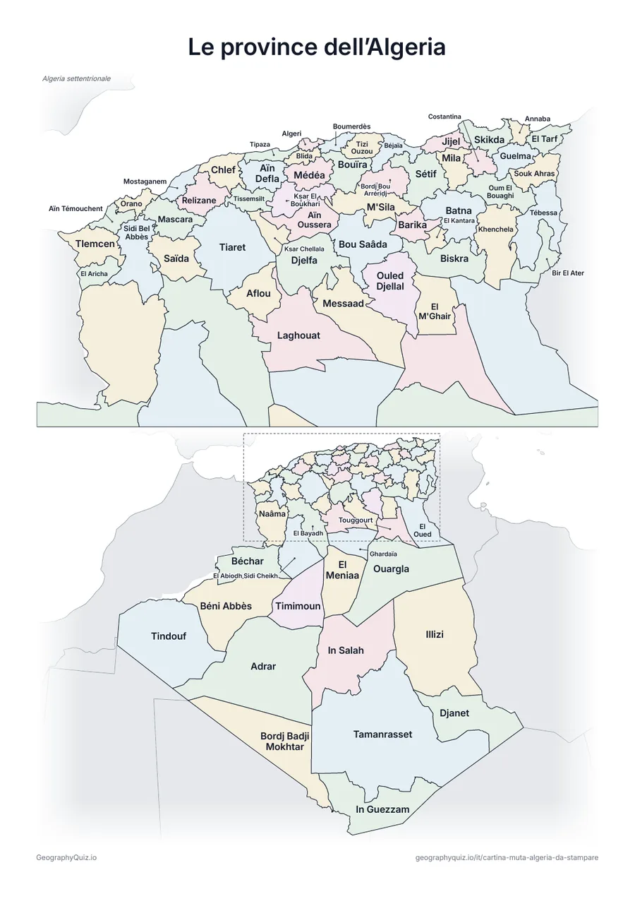 Anteprima della scheda da stampare “Le province dell’Algeria”: Cartina dell’Algeria con tutti i nomi: cartina di riferimento per la lezione e per correggere le risposte