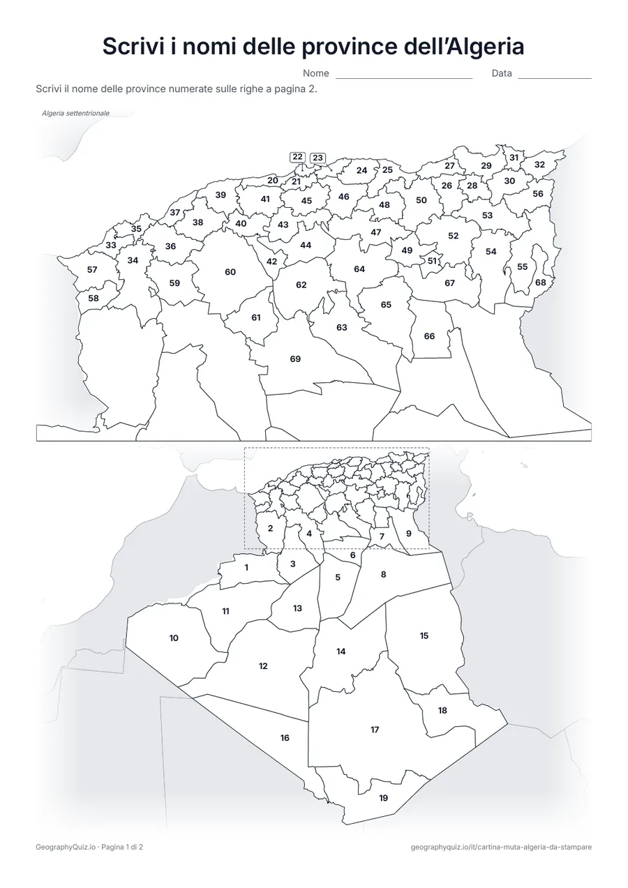 Anteprima della scheda da stampare “Scrivi i nomi delle province dell’Algeria”: Cartina con i numeri di tutte le 69 province