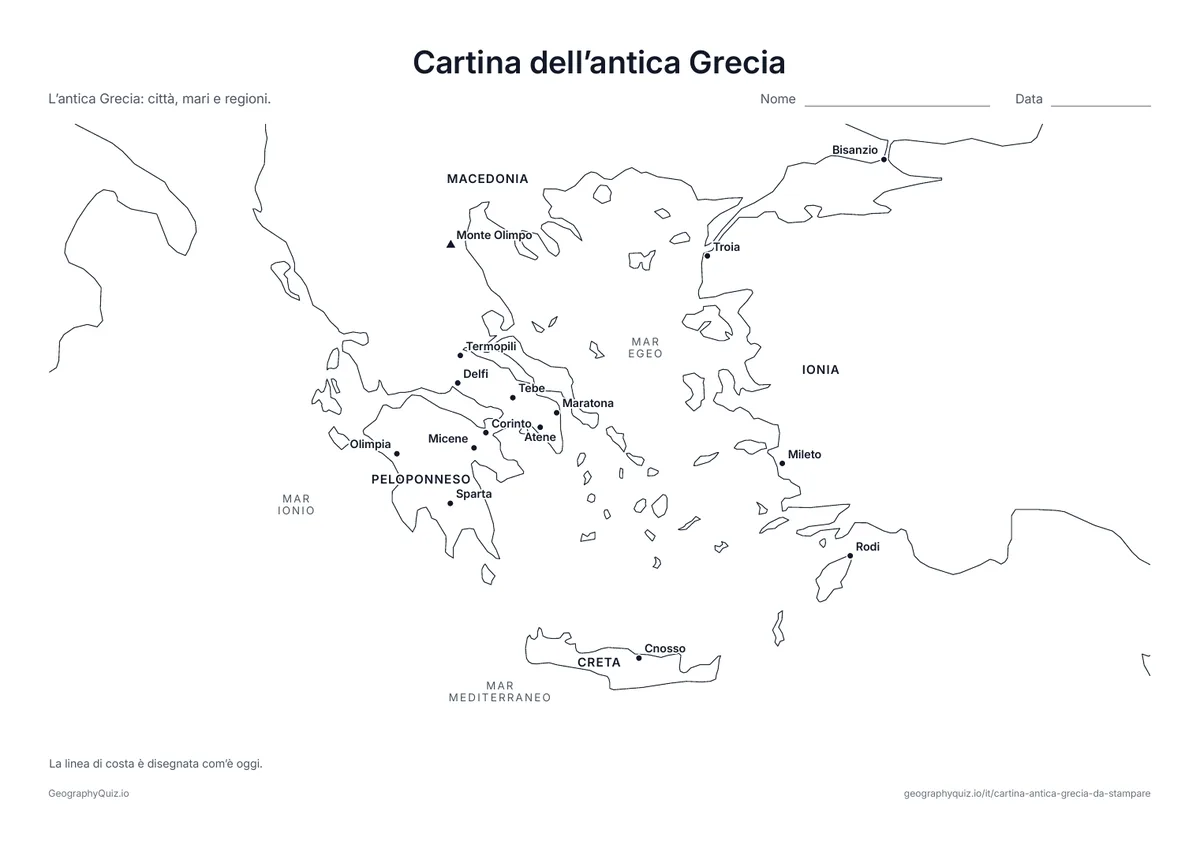 Anteprima della scheda da stampare “Cartina dell’antica Grecia”: Atene, Sparta, Maratona, Delfi, Olimpia, Cnosso, Troia e altri luoghi, con l’Olimpo, i mari e le regioni