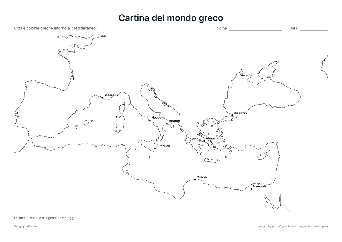 Anteprima della scheda da stampare “Cartina del mondo greco”: Città e colonie greche intorno al Mediterraneo, da Massalia a ovest a Bisanzio a est