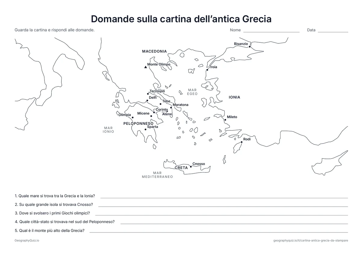 Anteprima della scheda da stampare “Domande sulla cartina dell’antica Grecia”: Cartina con i nomi e cinque domande sui Giochi olimpici, Sparta, Cnosso, l’Olimpo e il Mar Egeo