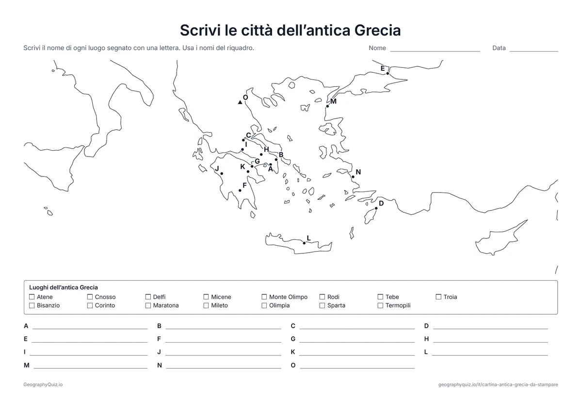 Anteprima della scheda da stampare “Scrivi le città dell’antica Grecia”: Quindici luoghi segnati con lettere, da Atene e Sparta a Maratona, Troia e l’Olimpo