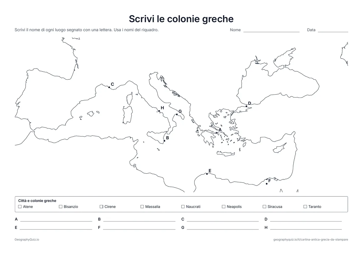 Anteprima della scheda da stampare “Scrivi le colonie greche”: Otto città segnate con lettere intorno al Mediterraneo