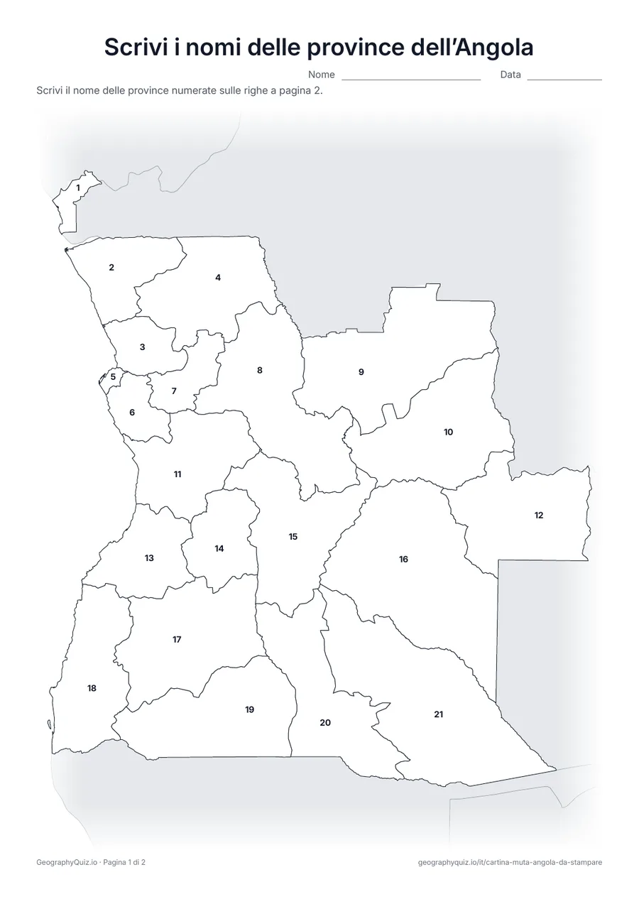 Anteprima della scheda da stampare “Scrivi i nomi delle province dell’Angola”: Cartina con i numeri di tutte le 21 province