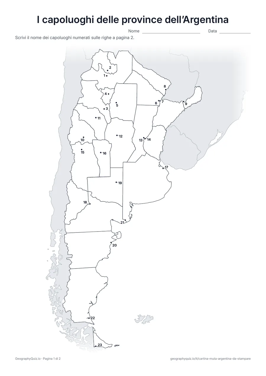 Anteprima della scheda da stampare “I capoluoghi delle province dell’Argentina”: Il capoluogo di ognuna delle 23 province è segnato con un punto numerato
