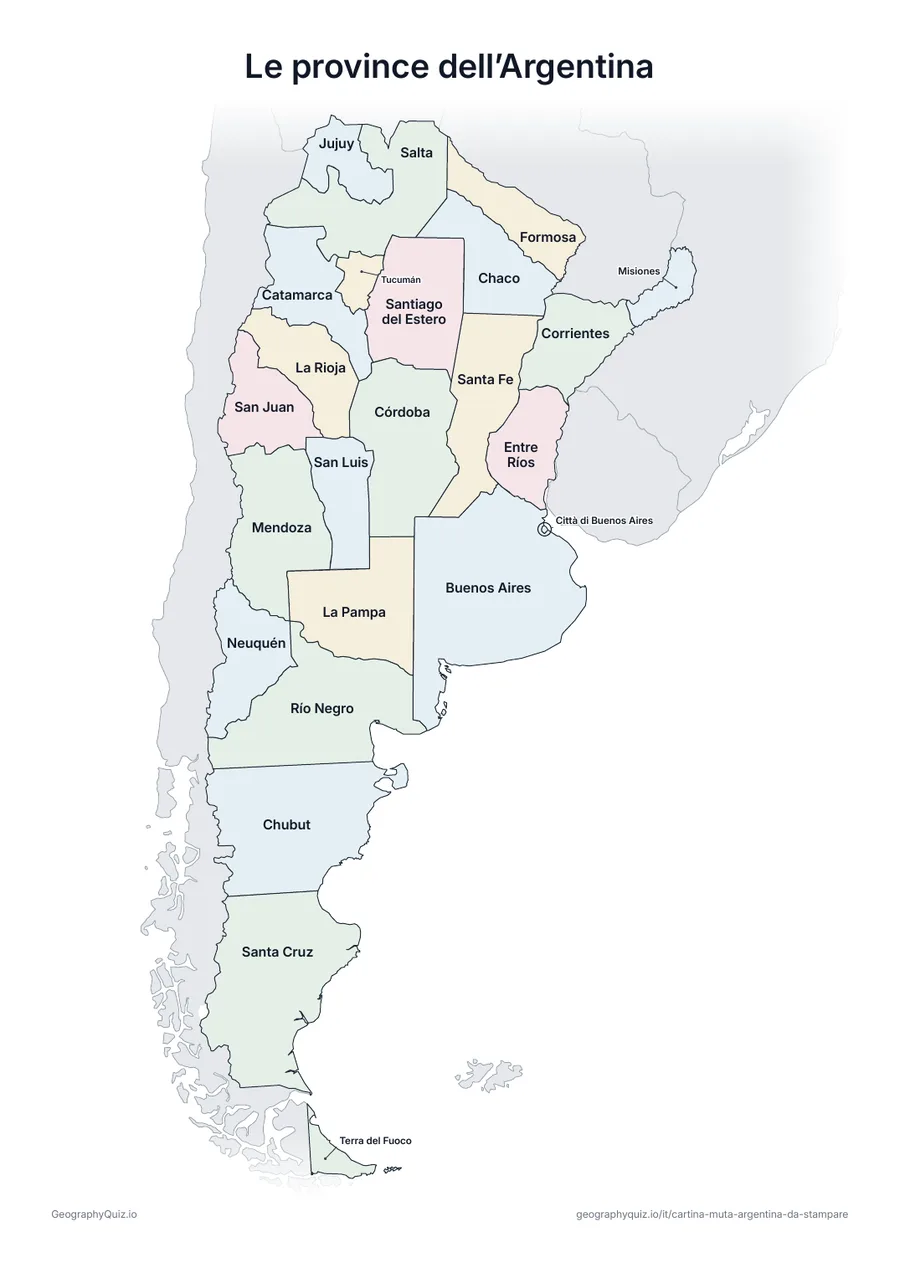 Anteprima della scheda da stampare “Le province dell’Argentina”: Cartina dell’Argentina con tutti i nomi: cartina di riferimento per la lezione e per correggere le risposte