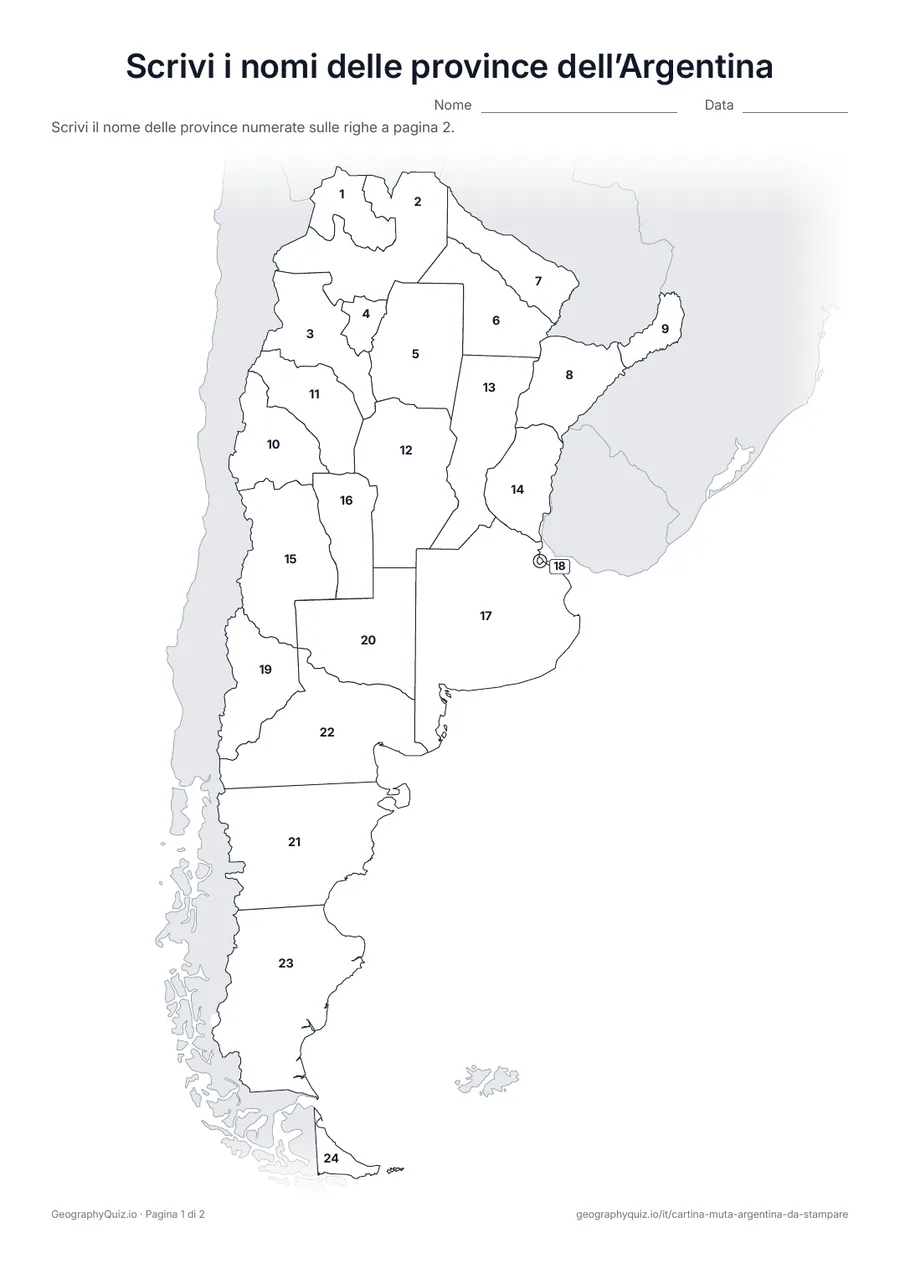 Anteprima della scheda da stampare “Scrivi i nomi delle province dell’Argentina”: Cartina con i numeri di tutte le 23 province e la città di Buenos Aires
