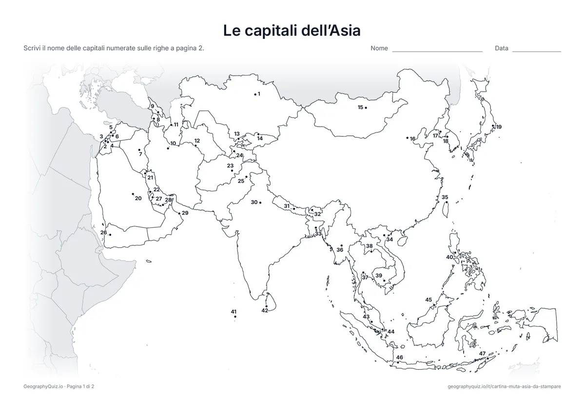 Anteprima della scheda da stampare “Le capitali dell’Asia”: Ogni capitale è segnata con un punto numerato