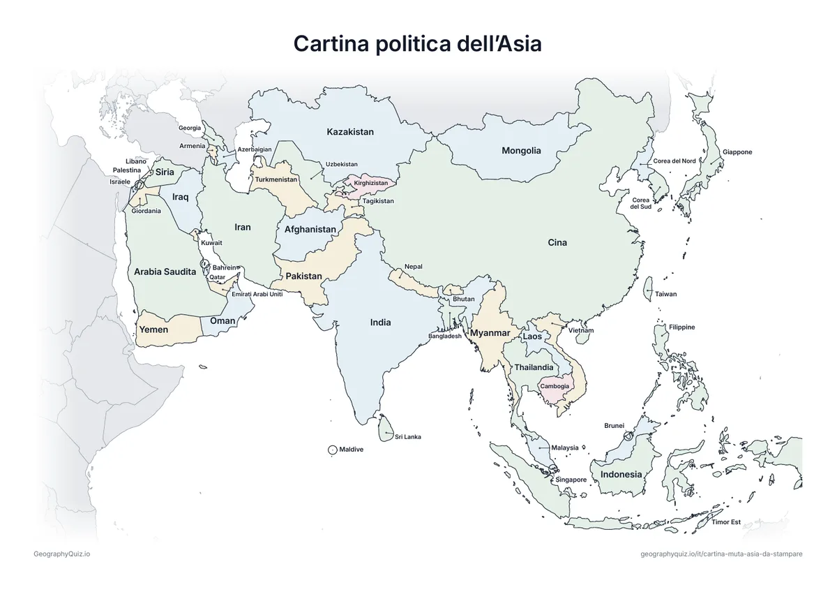 Anteprima della scheda da stampare “Cartina politica dell’Asia”: La stessa cartina con i nomi di tutti i 47 paesi: per spiegare, ripassare o correggere le schede degli alunni