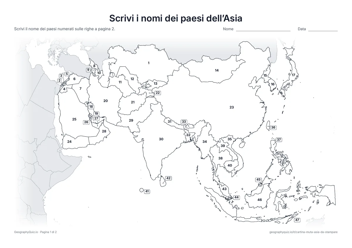 Anteprima della scheda da stampare “Scrivi i nomi dei paesi dell’Asia”: Ogni paese ha un numero