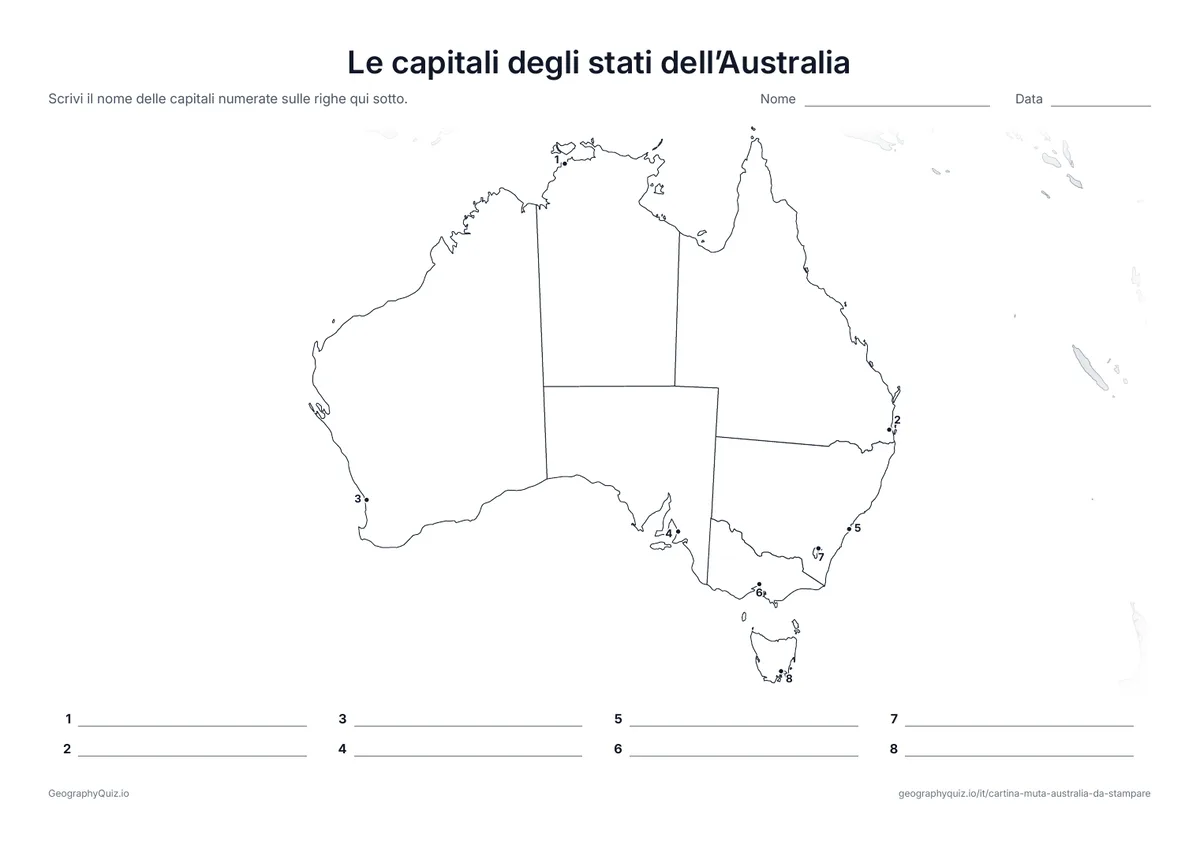 Anteprima della scheda da stampare “Le capitali degli stati dell’Australia”: Ogni capitale è segnato con un punto numerato