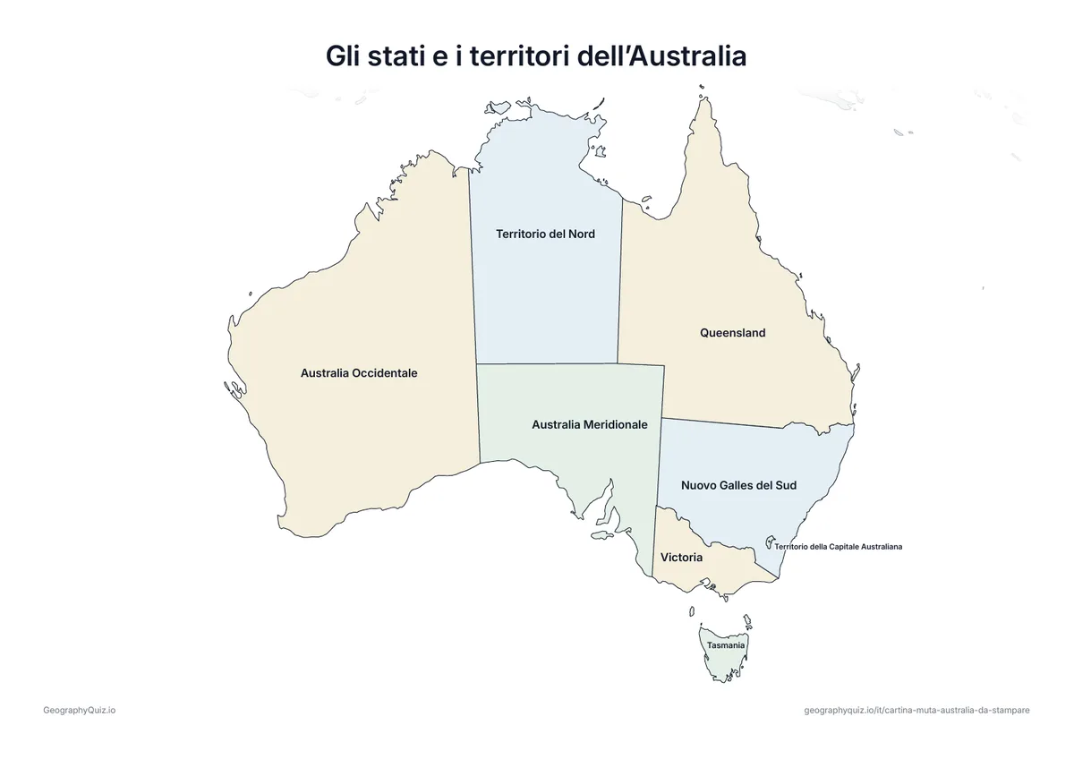 Anteprima della scheda da stampare “Gli stati e i territori dell’Australia”: Cartina dell’Australia con tutti i nomi: cartina di riferimento per la lezione e per correggere le risposte