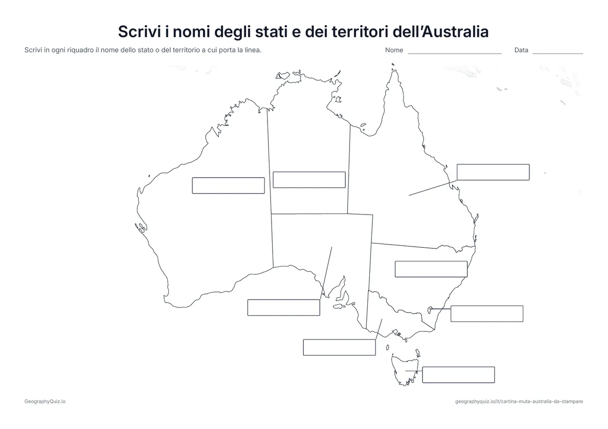 Anteprima della scheda da stampare “Scrivi i nomi degli stati e dei territori dell’Australia”: Da ogni stato o territorio parte una linea verso un riquadro vuoto per la risposta, come nella scheda “Scrivi i nomi dei continenti” del planisfero