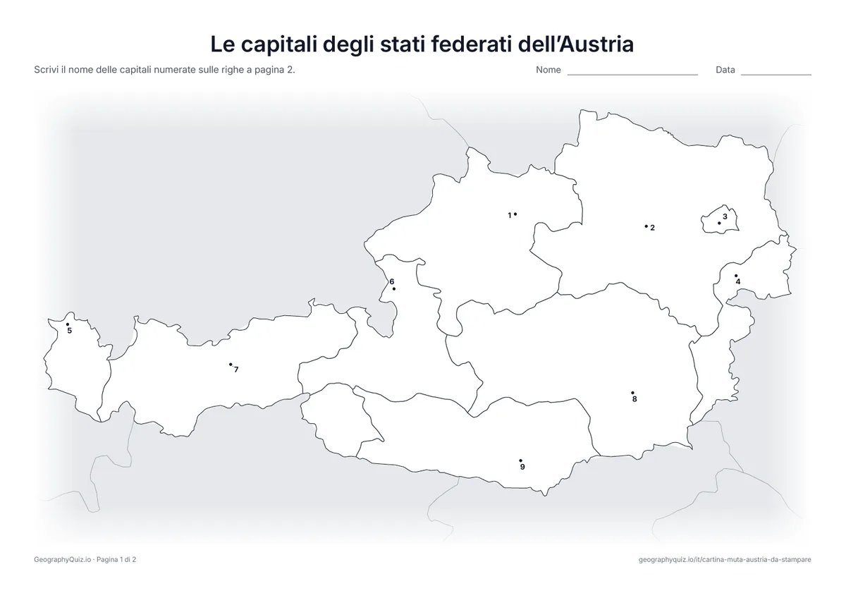 Anteprima della scheda da stampare “Le capitali degli stati federati dell’Austria”: La capitale di ogni stato federato è segnata con un punto numerato