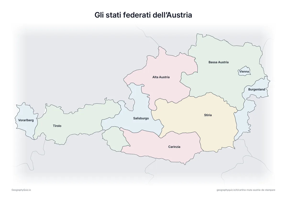 Anteprima della scheda da stampare “Gli stati federati dell’Austria”: Cartina dell’Austria con tutti i nomi: cartina di riferimento per la lezione e per correggere le risposte