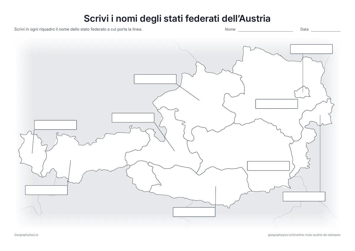 Anteprima della scheda da stampare “Scrivi i nomi degli stati federati dell’Austria”: Da ogni stato federato parte una linea verso un riquadro vuoto per la risposta, come nella scheda “Scrivi i nomi dei continenti” del planisfero