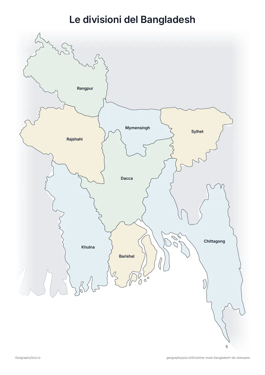 Anteprima della scheda da stampare “Le divisioni del Bangladesh”: Cartina del Bangladesh con tutti i nomi: cartina di riferimento per la lezione e per correggere le risposte
