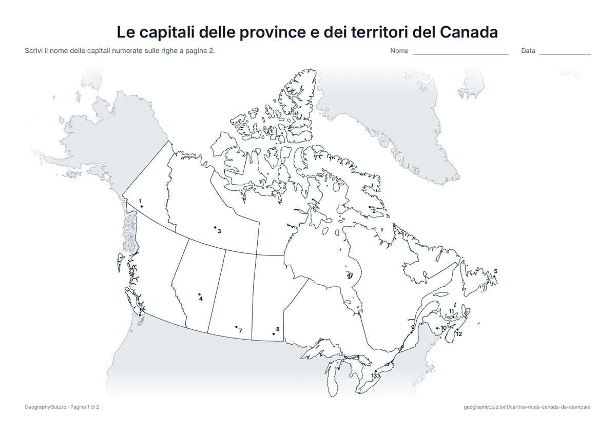 Anteprima della scheda da stampare “Le capitali delle province e dei territori del Canada”: Ogni capitale è segnato con un punto numerato