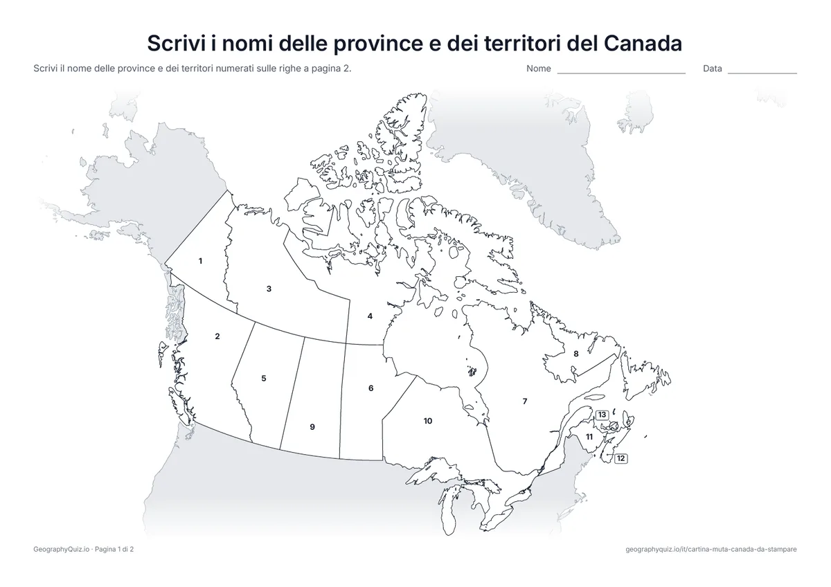 Anteprima della scheda da stampare “Scrivi i nomi delle province e dei territori del Canada”: Cartina con i numeri di tutte le 10 province e i 3 territori