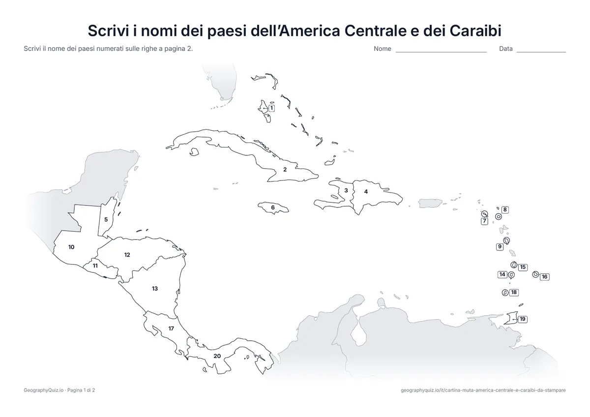 Anteprima della scheda da stampare “Scrivi i nomi dei paesi dell’America Centrale e dei Caraibi”: Cartina con i numeri di tutti i 20 paesi