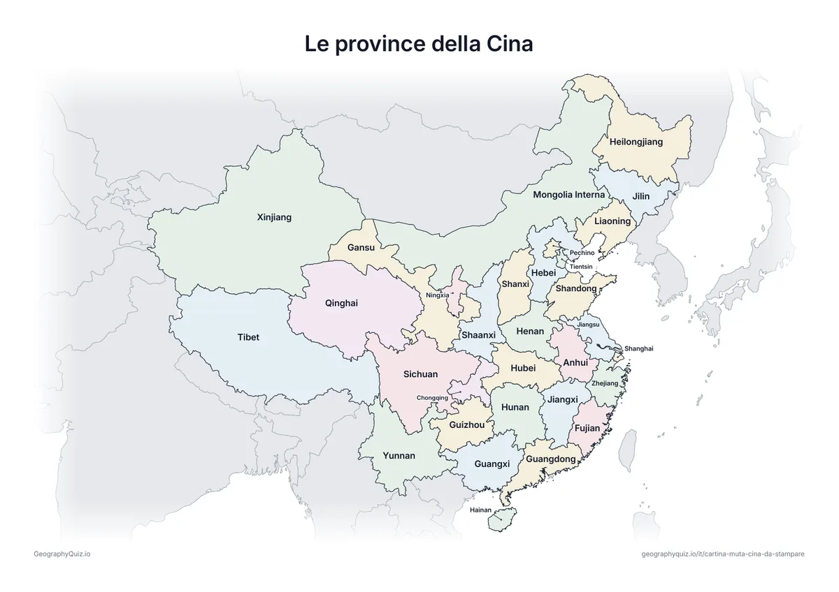 Anteprima della scheda da stampare “Le province della Cina”: Cartina della Cina con tutti i nomi: cartina di riferimento per la lezione e per correggere le risposte