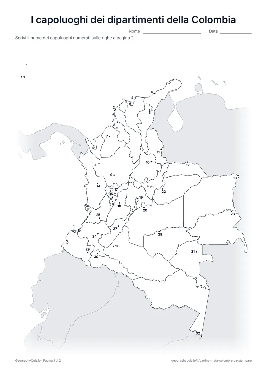 Anteprima della scheda da stampare “I capoluoghi dei dipartimenti della Colombia”: Il capoluogo di ognuno dei 32 dipartimenti è segnato con un punto numerato