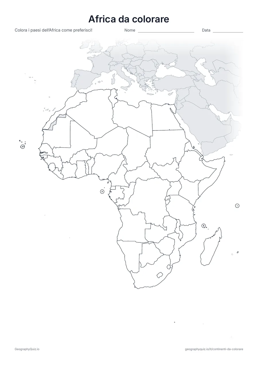 Anteprima della scheda da stampare “Africa da colorare”: Cartina dell’Africa con tutti i 54 paesi, pronta da colorare