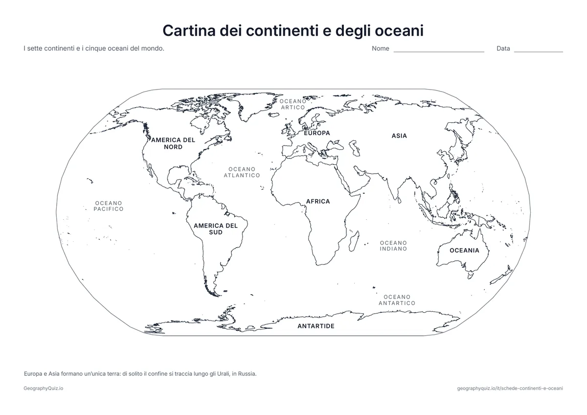 Anteprima della scheda da stampare “Cartina dei continenti e degli oceani”: Planisfero con i nomi dei sette continenti e dei cinque oceani: un modello per studiare e correggere