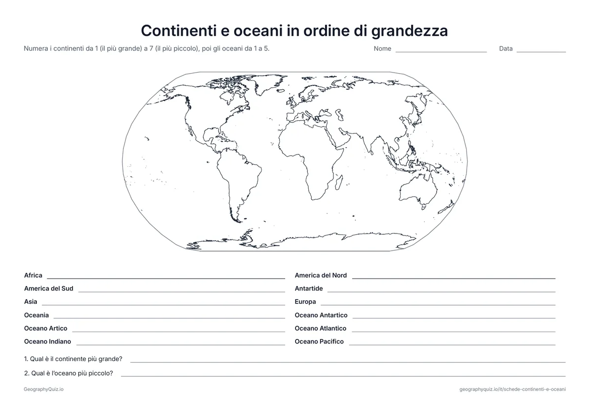 Anteprima della scheda da stampare “Continenti e oceani in ordine di grandezza”: Si numerano i continenti dal più grande al più piccolo, poi gli oceani; in più, due domande
