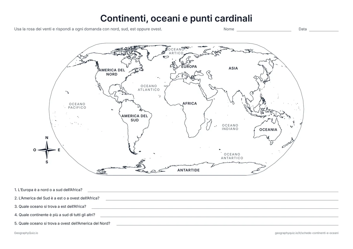 Anteprima della scheda da stampare “Continenti, oceani e punti cardinali”: Planisfero con i nomi e la rosa dei venti