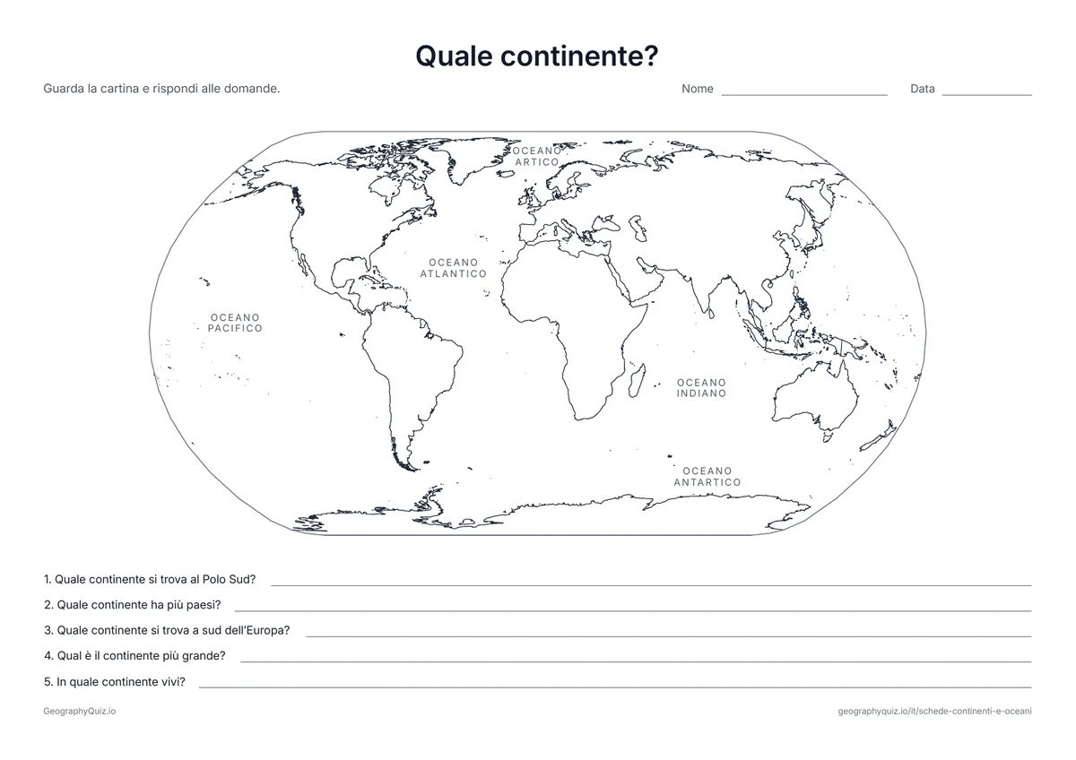 Anteprima della scheda da stampare “Quale continente?”: Gli oceani hanno il nome sulla cartina