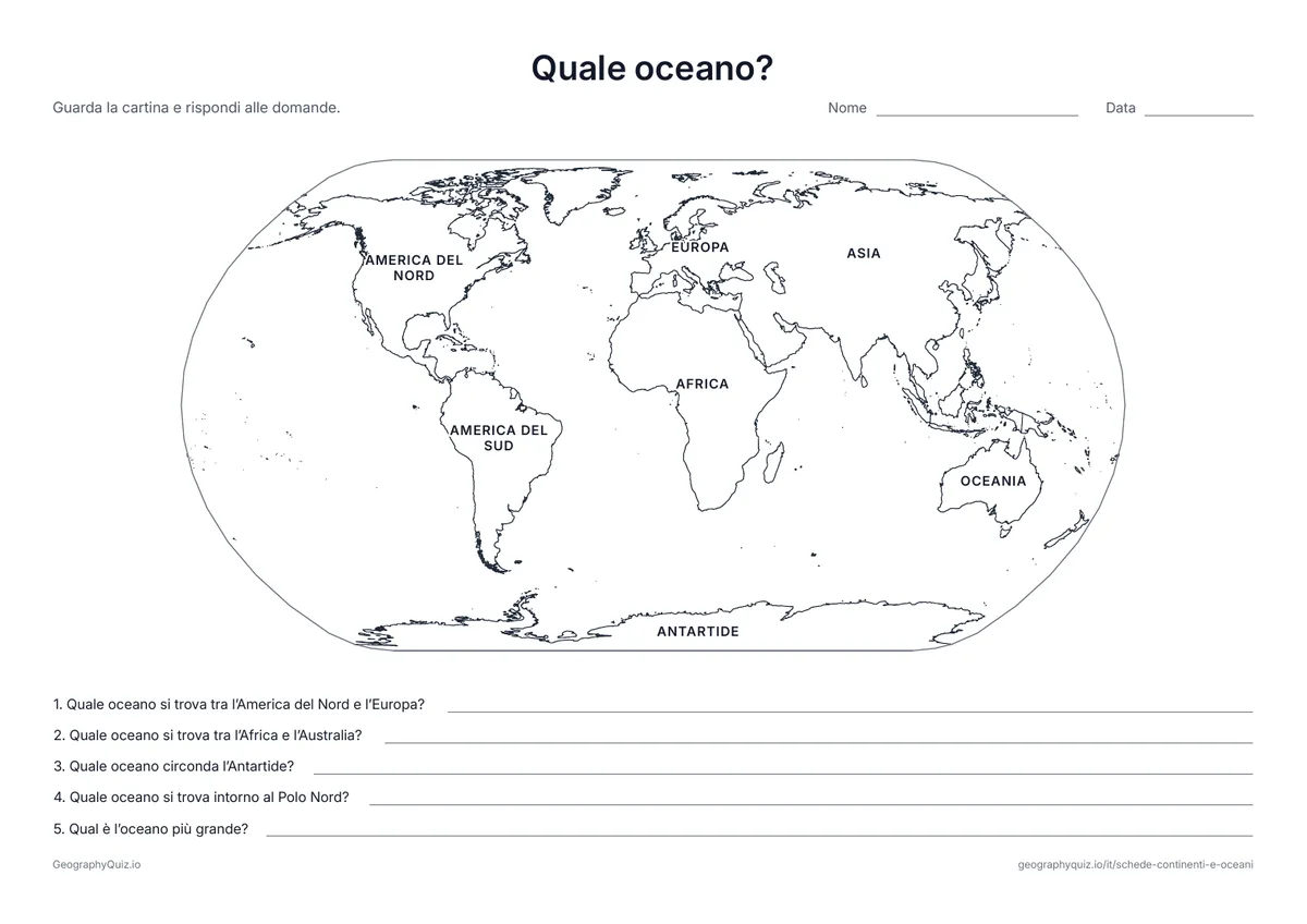 Anteprima della scheda da stampare “Quale oceano?”: I continenti hanno il nome sulla cartina