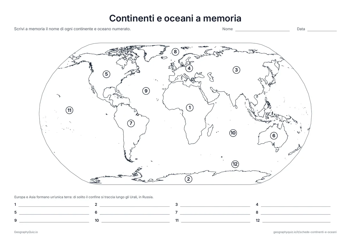 Anteprima della scheda da stampare “Continenti e oceani a memoria”: Gli stessi dodici numeri senza il riquadro delle parole: una verifica veloce di quello che si ricorda