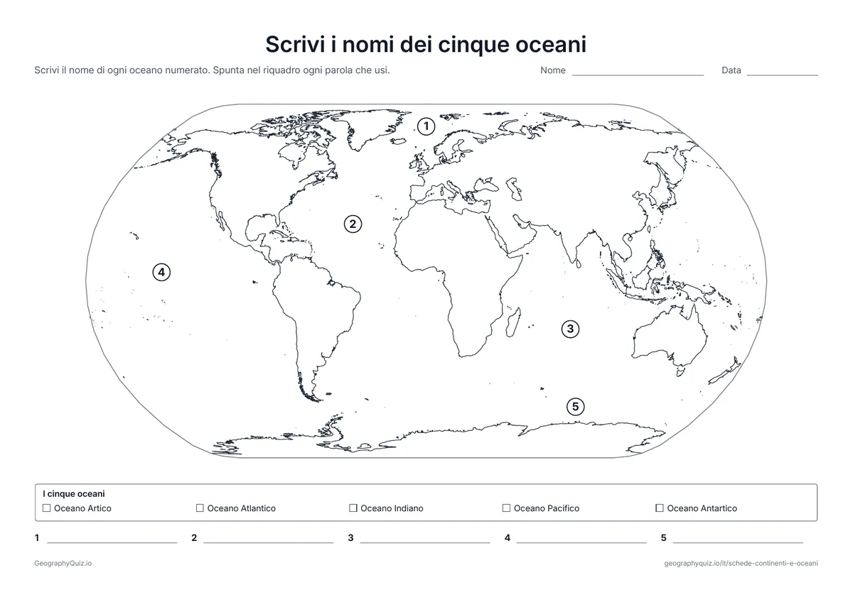 Anteprima della scheda da stampare “Scrivi i nomi dei cinque oceani”: Cinque oceani numerati sul planisfero, con il riquadro delle parole e una riga per ognuno