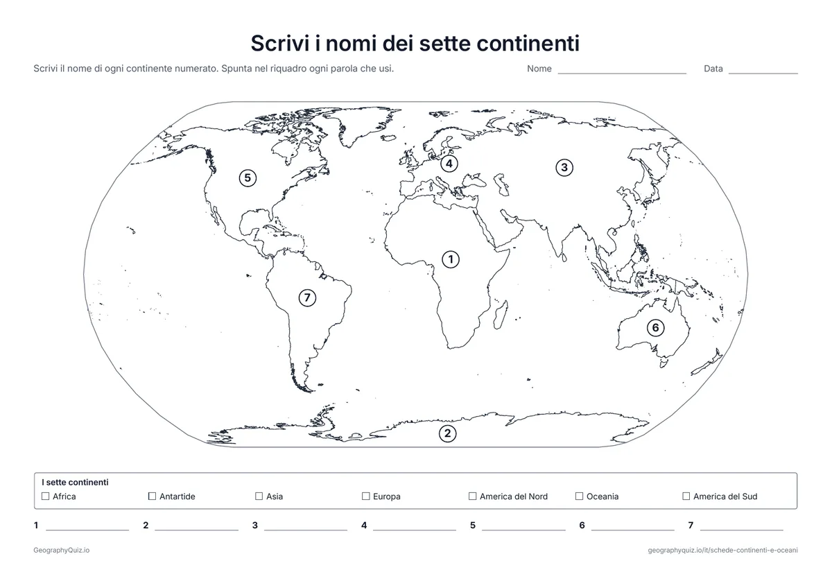 Anteprima della scheda da stampare “Scrivi i nomi dei sette continenti”: Sette continenti numerati sul planisfero, con il riquadro delle parole e una riga per ognuno