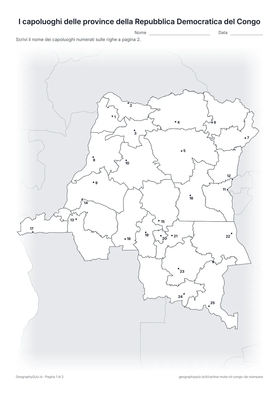 Anteprima della scheda da stampare “I capoluoghi delle province della Repubblica Democratica del Congo”: Il capoluogo di ognuna delle 25 province è segnato con un punto numerato, da Matadi a Bunia