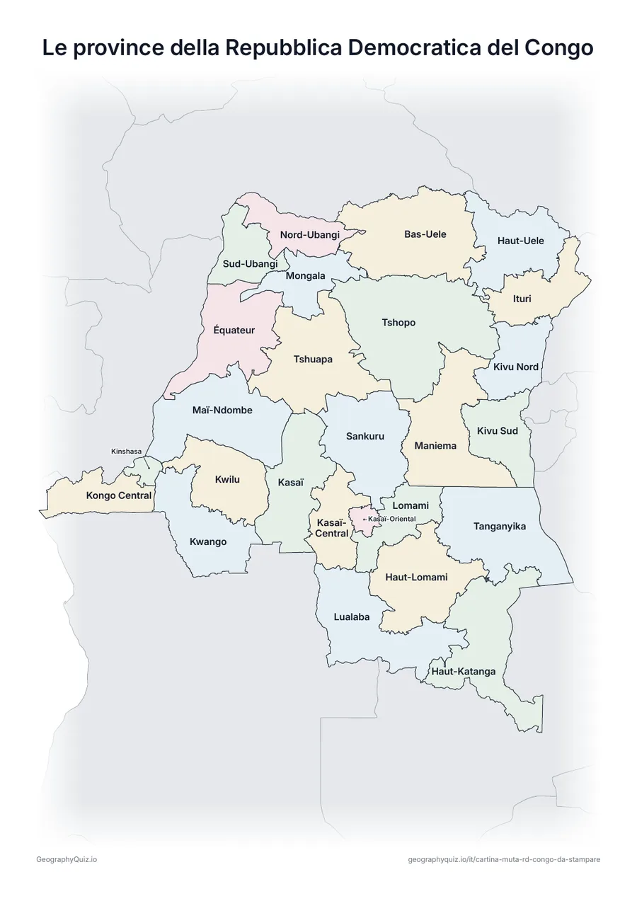 Anteprima della scheda da stampare “Le province della Repubblica Democratica del Congo”: Cartina della Repubblica Democratica del Congo con tutti i nomi: cartina di riferimento per la lezione e per correggere le risposte