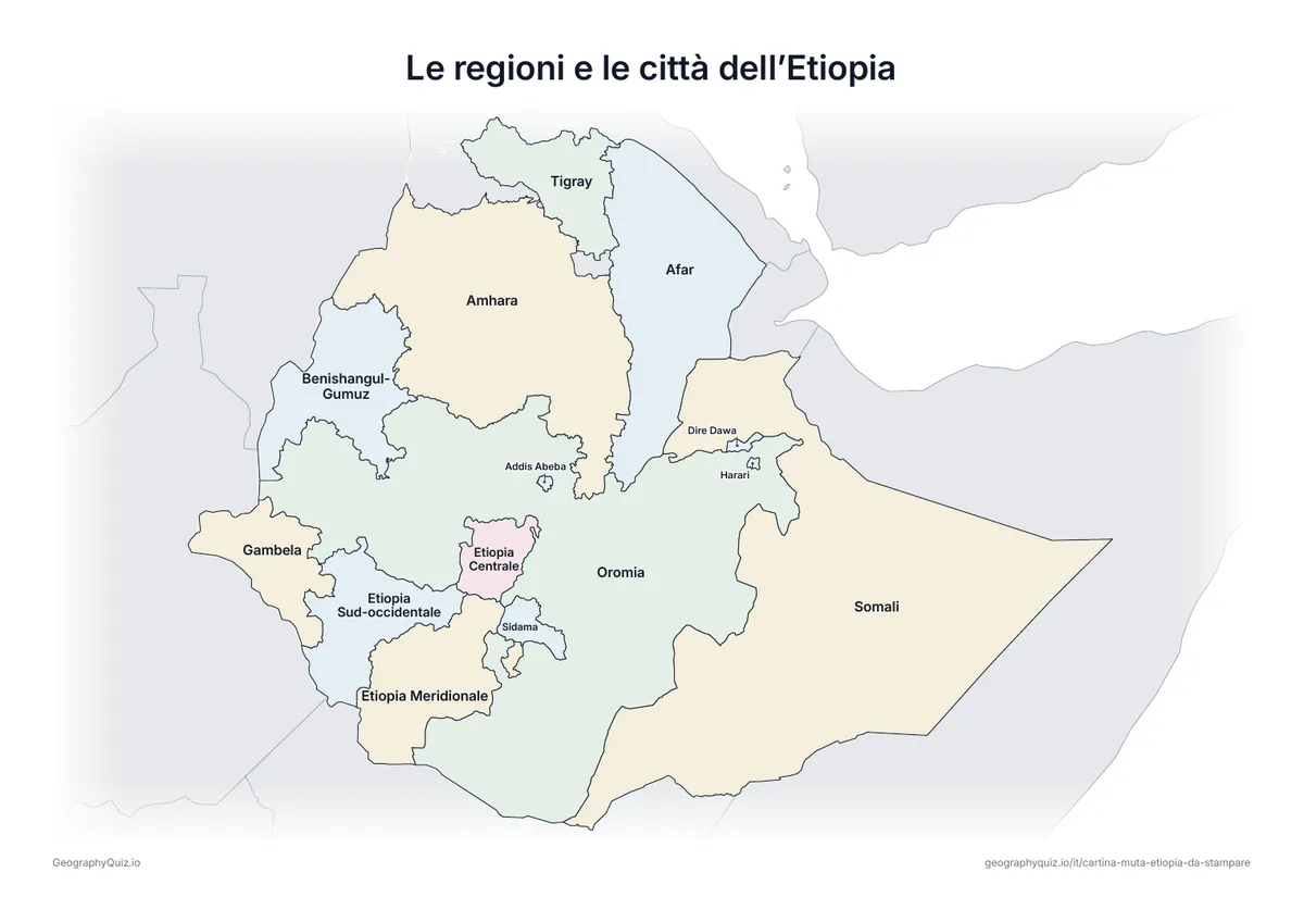 Anteprima della scheda da stampare “Le regioni e le città dell’Etiopia”: Cartina dell’Etiopia con tutti i nomi: cartina di riferimento per la lezione e per correggere le risposte