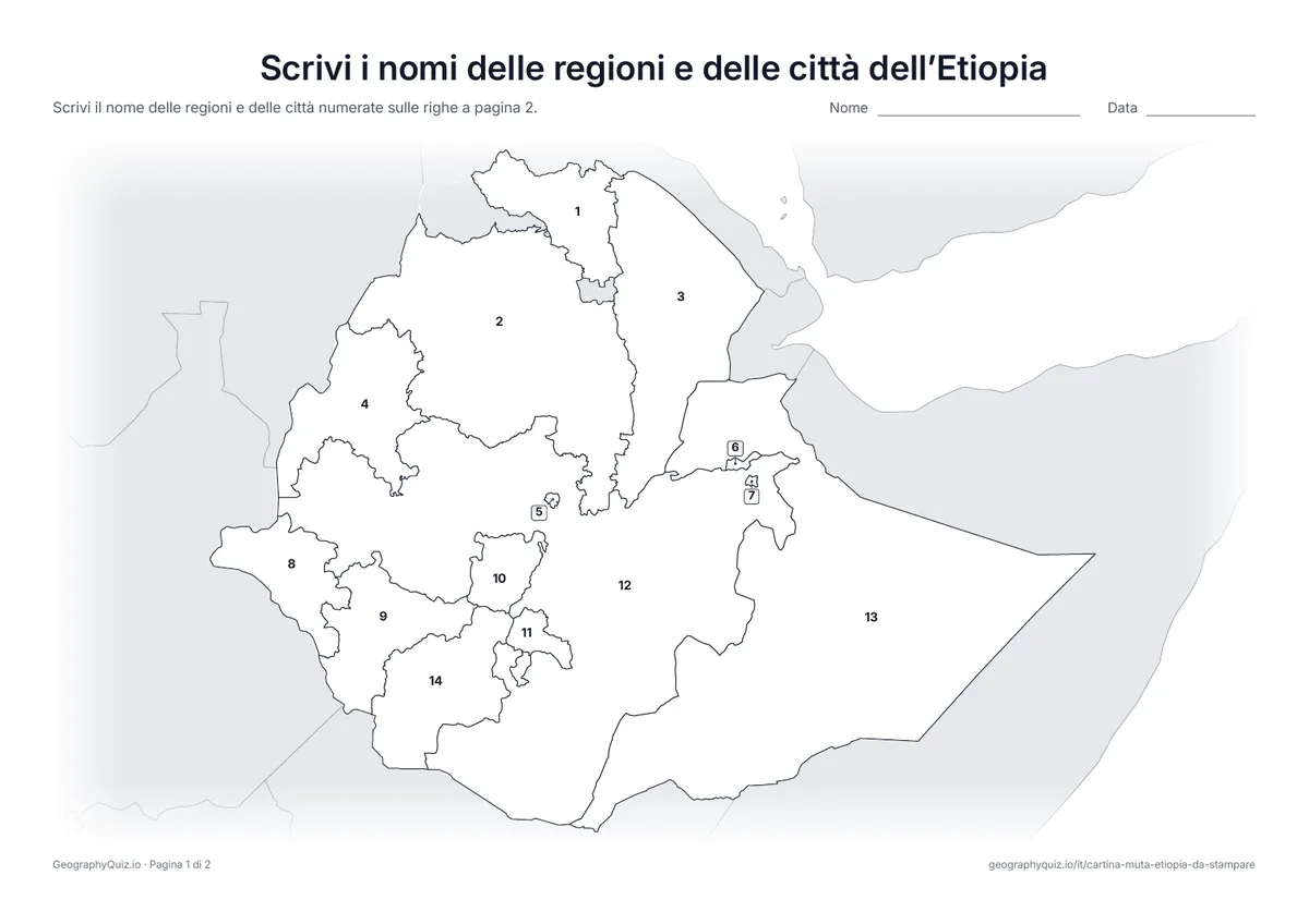 Anteprima della scheda da stampare “Scrivi i nomi delle regioni e delle città dell’Etiopia”: Cartina con i numeri di tutte le 12 regioni e le 2 città a statuto speciale