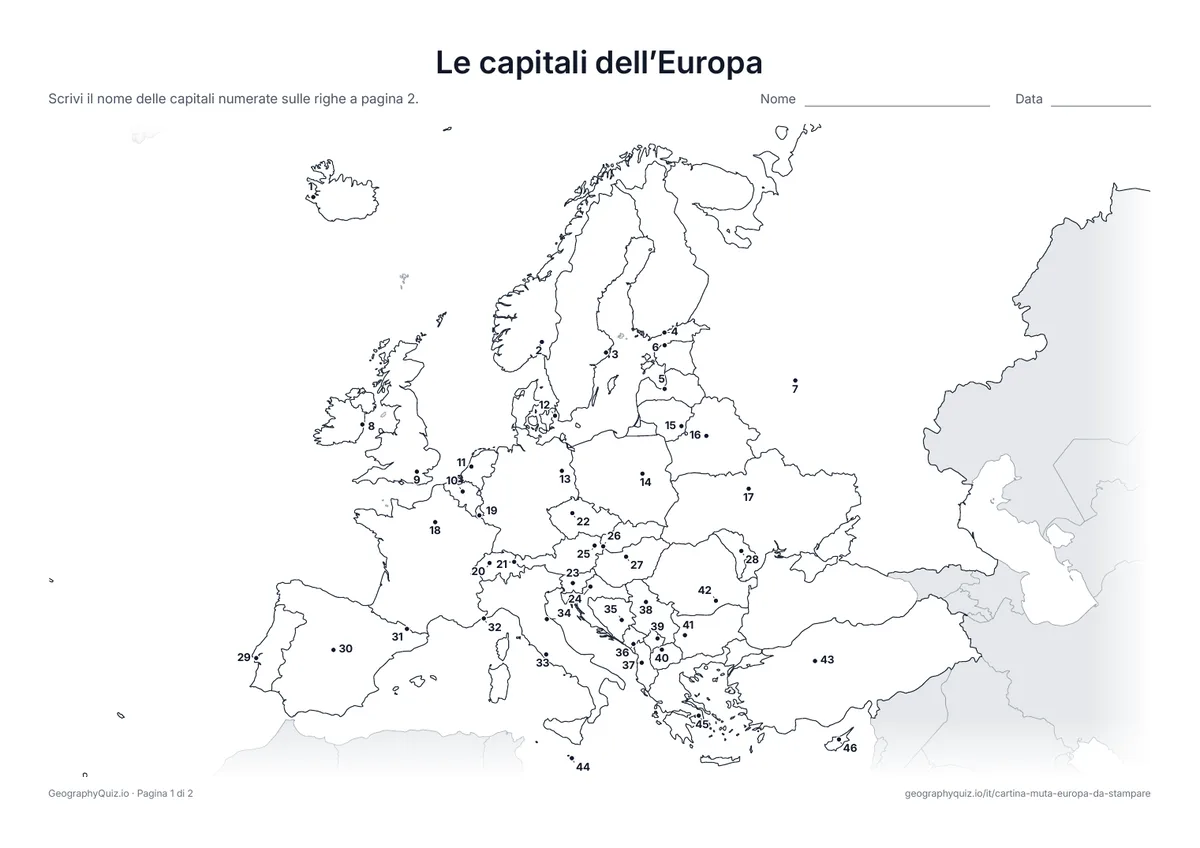 Anteprima della scheda da stampare “Le capitali dell’Europa”: Ogni capitale è segnata con un punto numerato