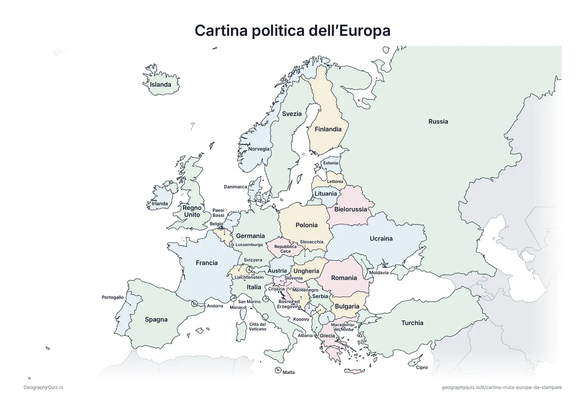 Anteprima della scheda da stampare “Cartina politica dell’Europa”: La stessa cartina con i nomi di tutti i 47 paesi: per spiegare, ripassare o correggere le schede degli alunni