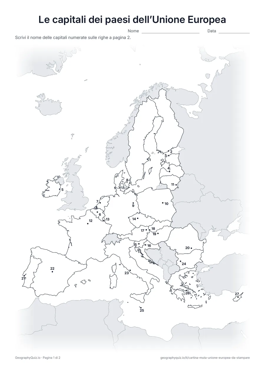 Anteprima della scheda da stampare “Le capitali dei paesi dell’Unione Europea”: Ogni capitale è segnata con un punto numerato