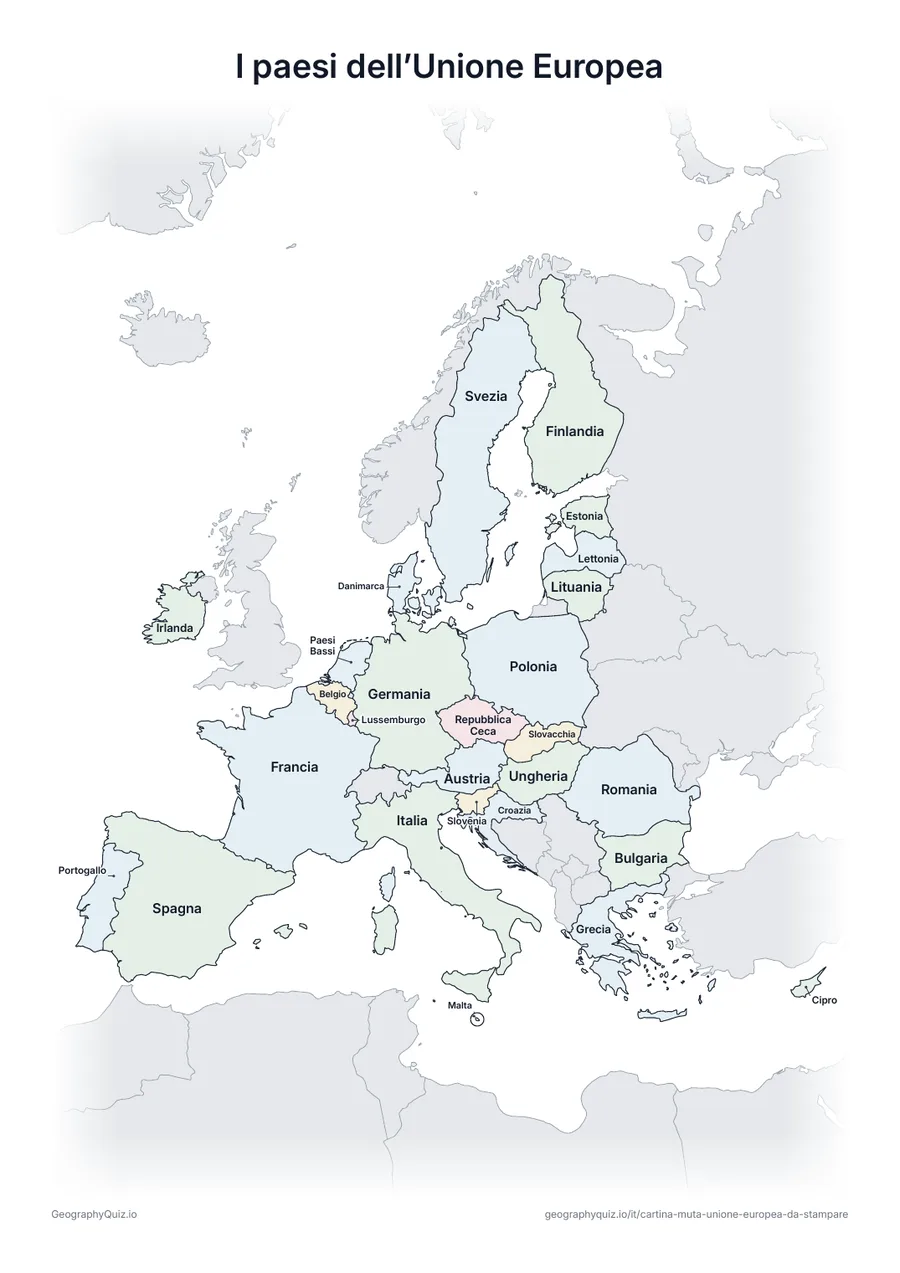 Anteprima della scheda da stampare “I paesi dell’Unione Europea”: La stessa cartina con i nomi di tutti i 27 paesi: per studiare, ripassare o correggere le schede degli alunni