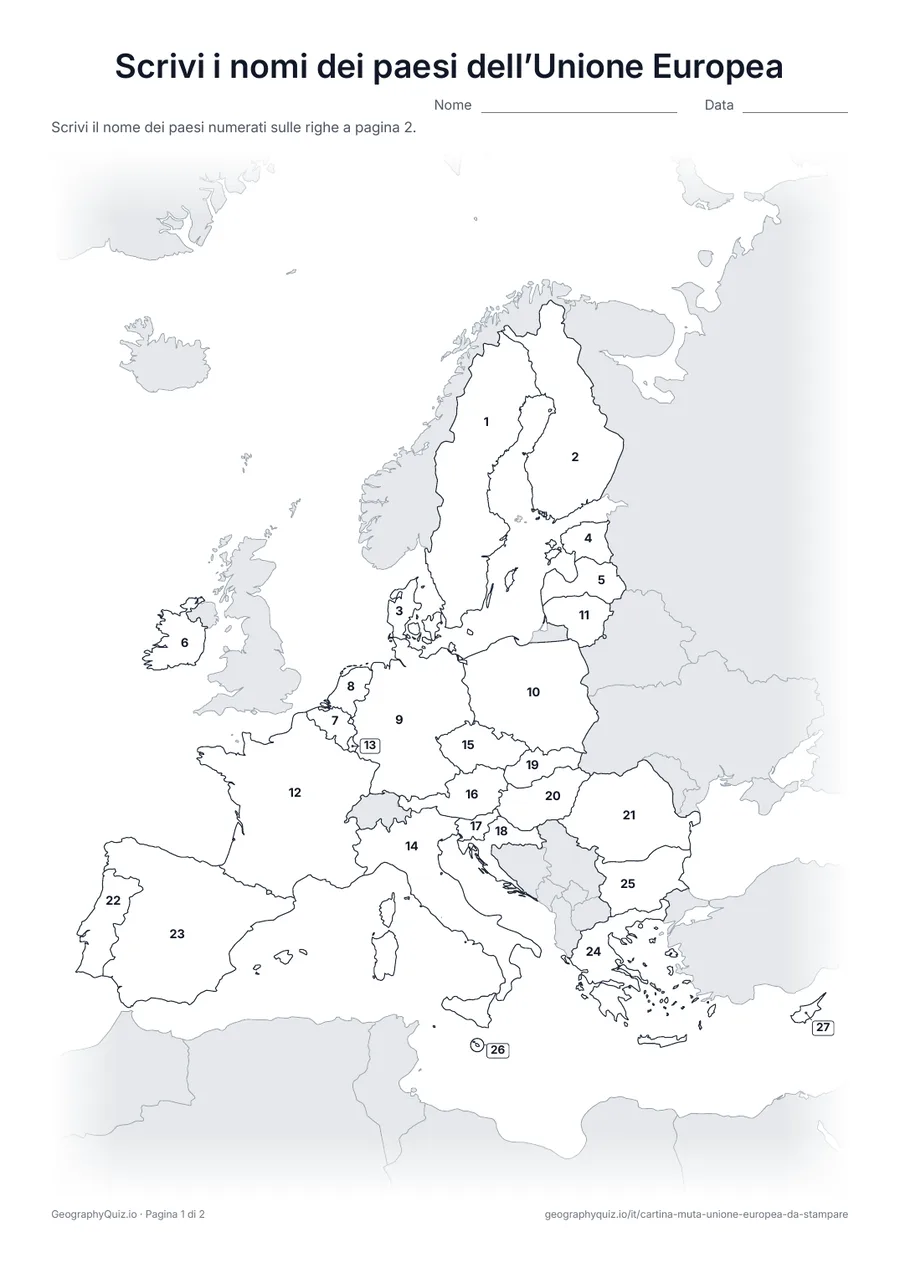 Anteprima della scheda da stampare “Scrivi i nomi dei paesi dell’Unione Europea”: Cartina con i numeri di tutti i 27 paesi