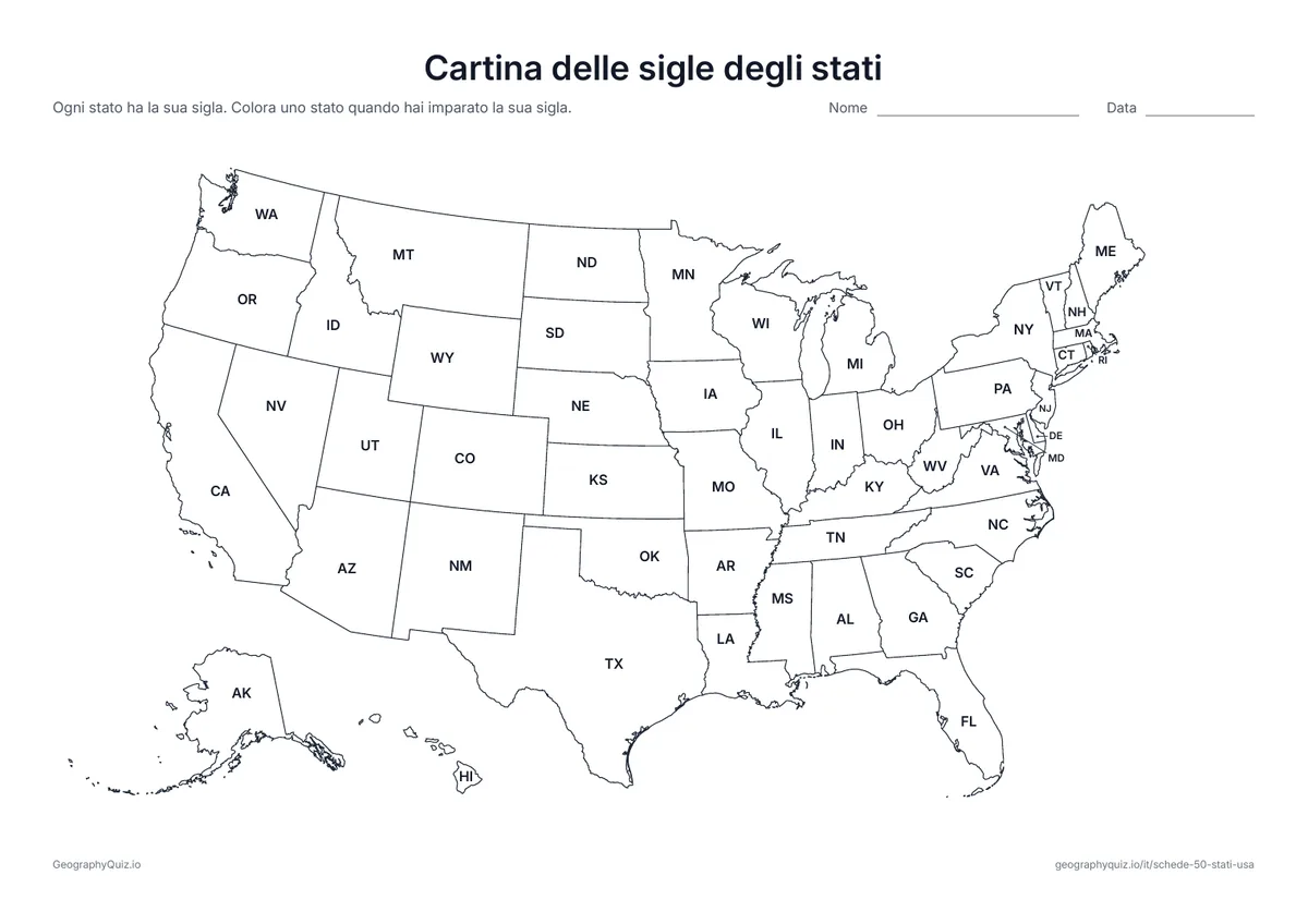 Anteprima della scheda da stampare “Cartina delle sigle degli stati”: Ogni stato con la sua sigla di due lettere, da AL a WY